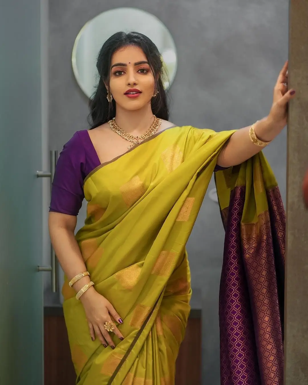 Malayalam Actress Malavika Menon In Green Saree Violet Blouse